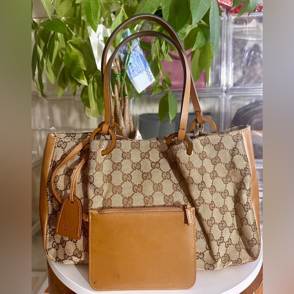 Gucci Tan & Brown GG Canvas Tote with Leather Trim
